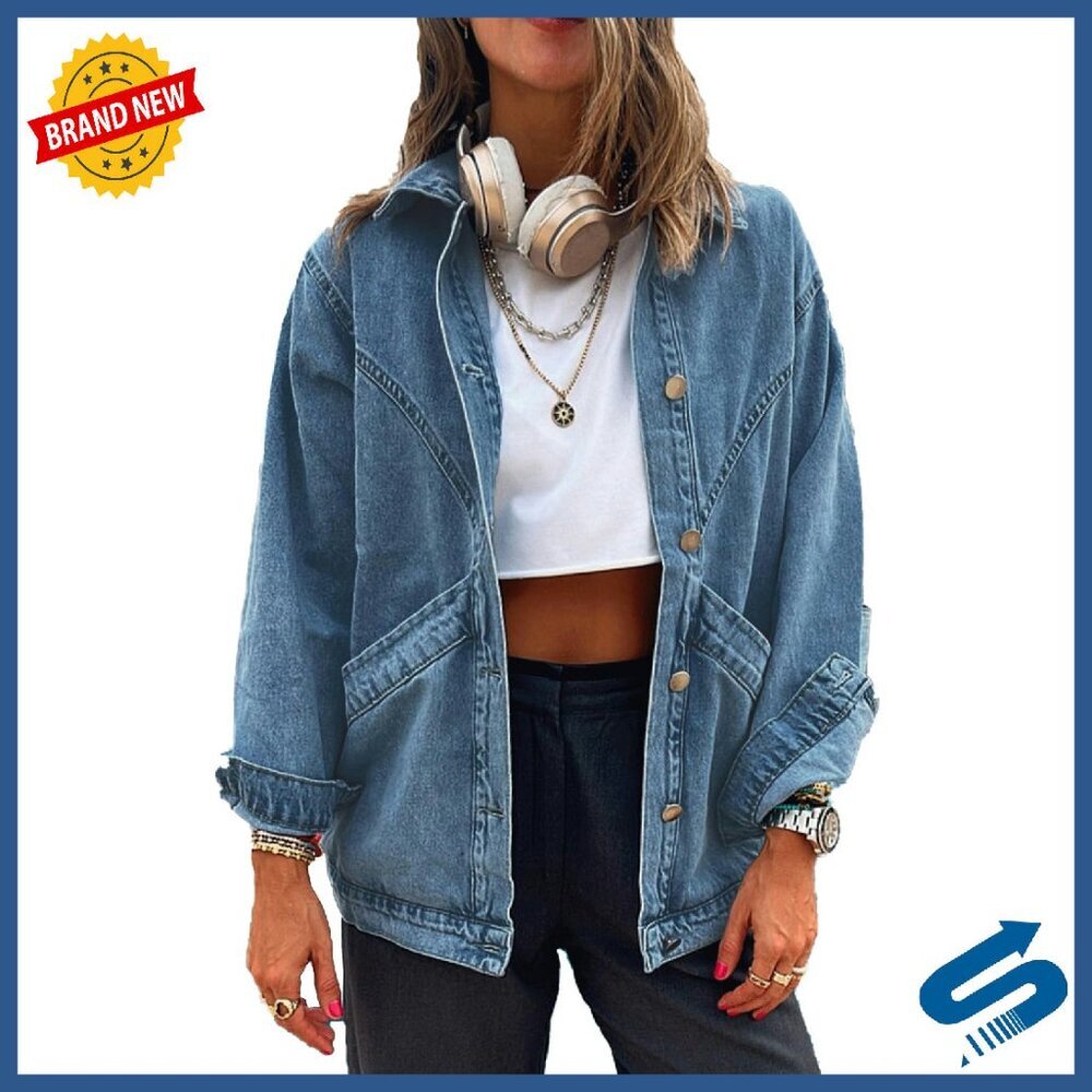 Oversized Denim Jacket with Huge Pockets, Long Sleeve Button Up Shacket